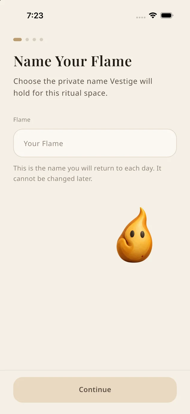 Vestige onboarding screen: Name Your Flame, with the mascot guide