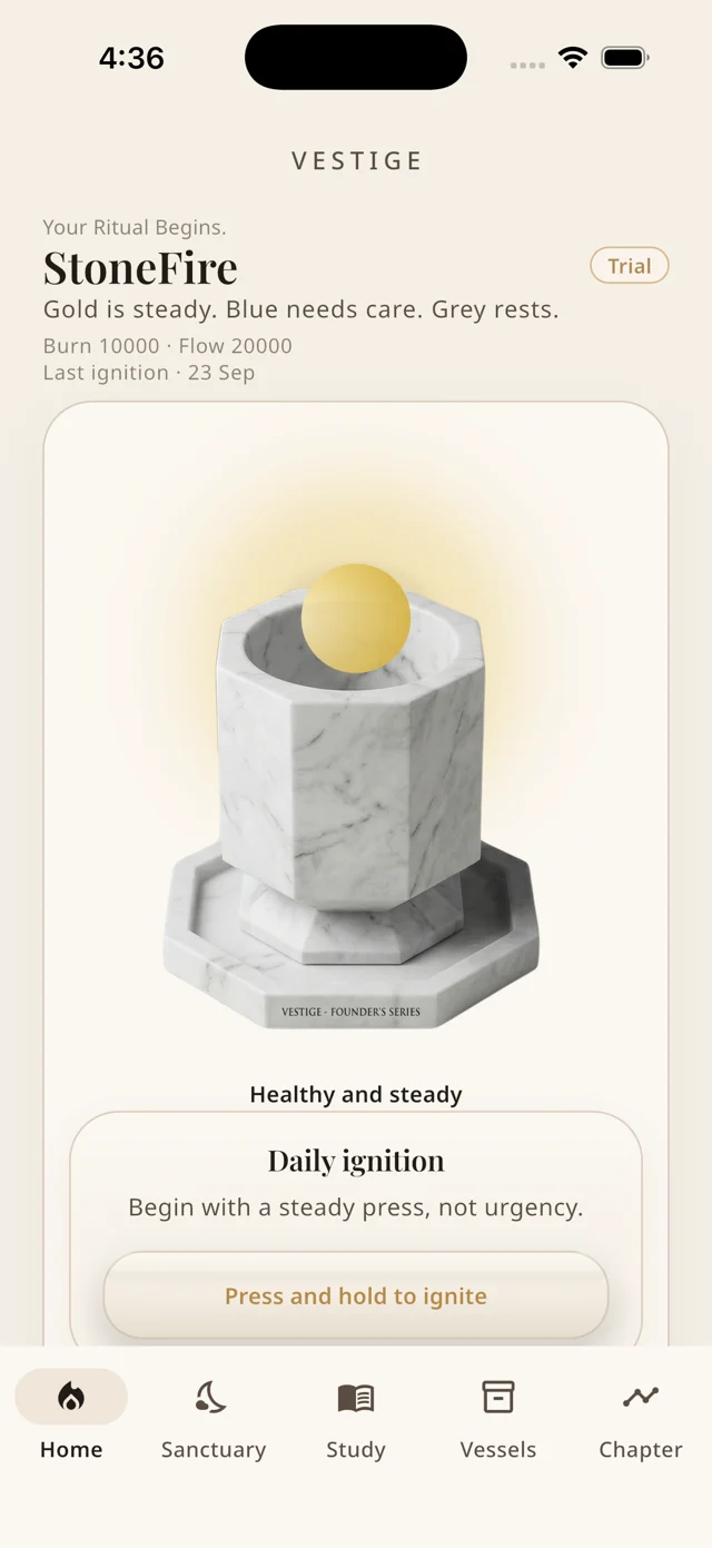 Vestige Home screen with the vessel, a golden flame and the Daily Ignition button