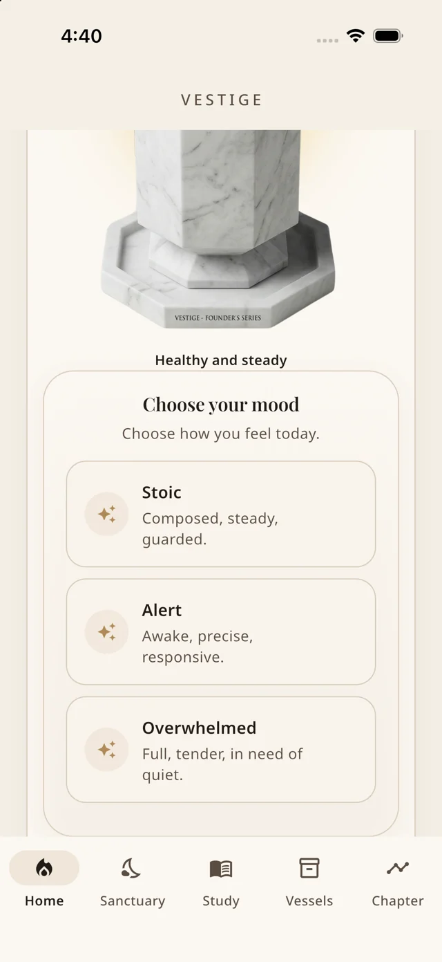 Vestige check-in screen: Choose your mood, with Stoic, Alert and Overwhelmed
