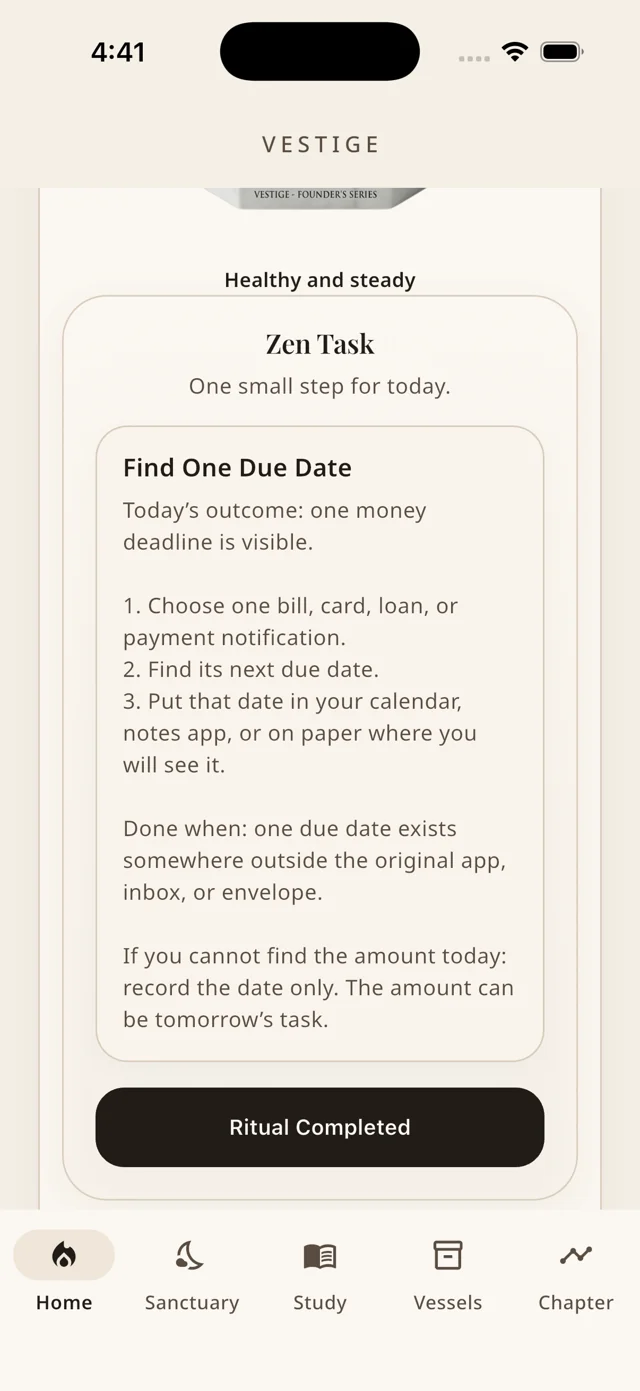 Vestige Zen Task: Find One Due Date, with numbered steps