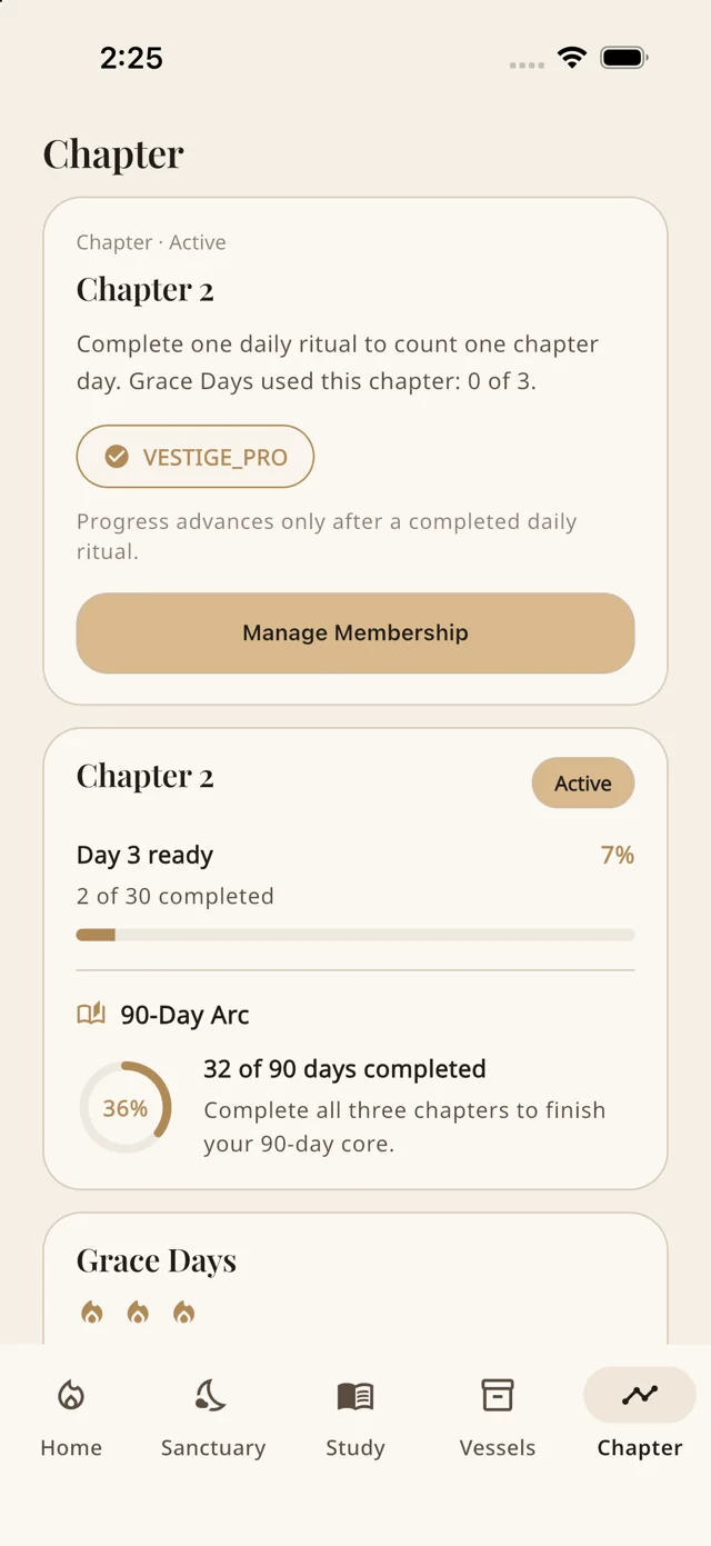 Vestige Chapter screen with daily progress and the 90-Day Arc
