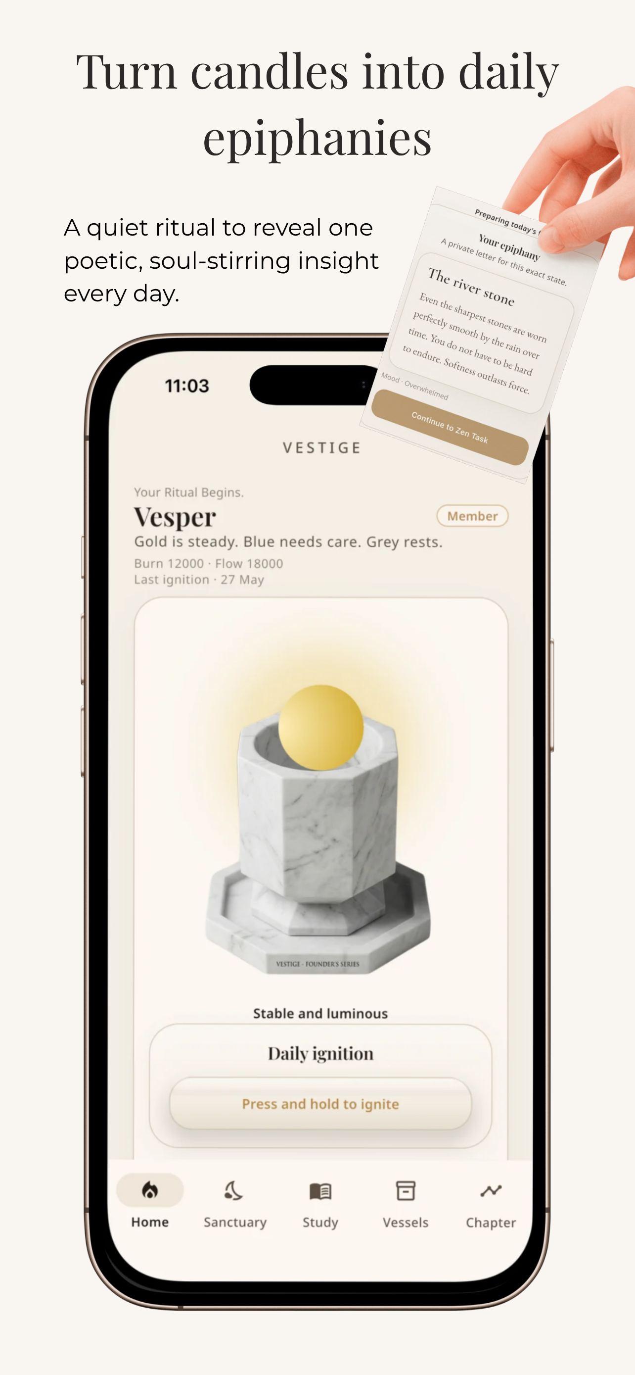 Vestige Ritual screen showing breathing space and quiet time