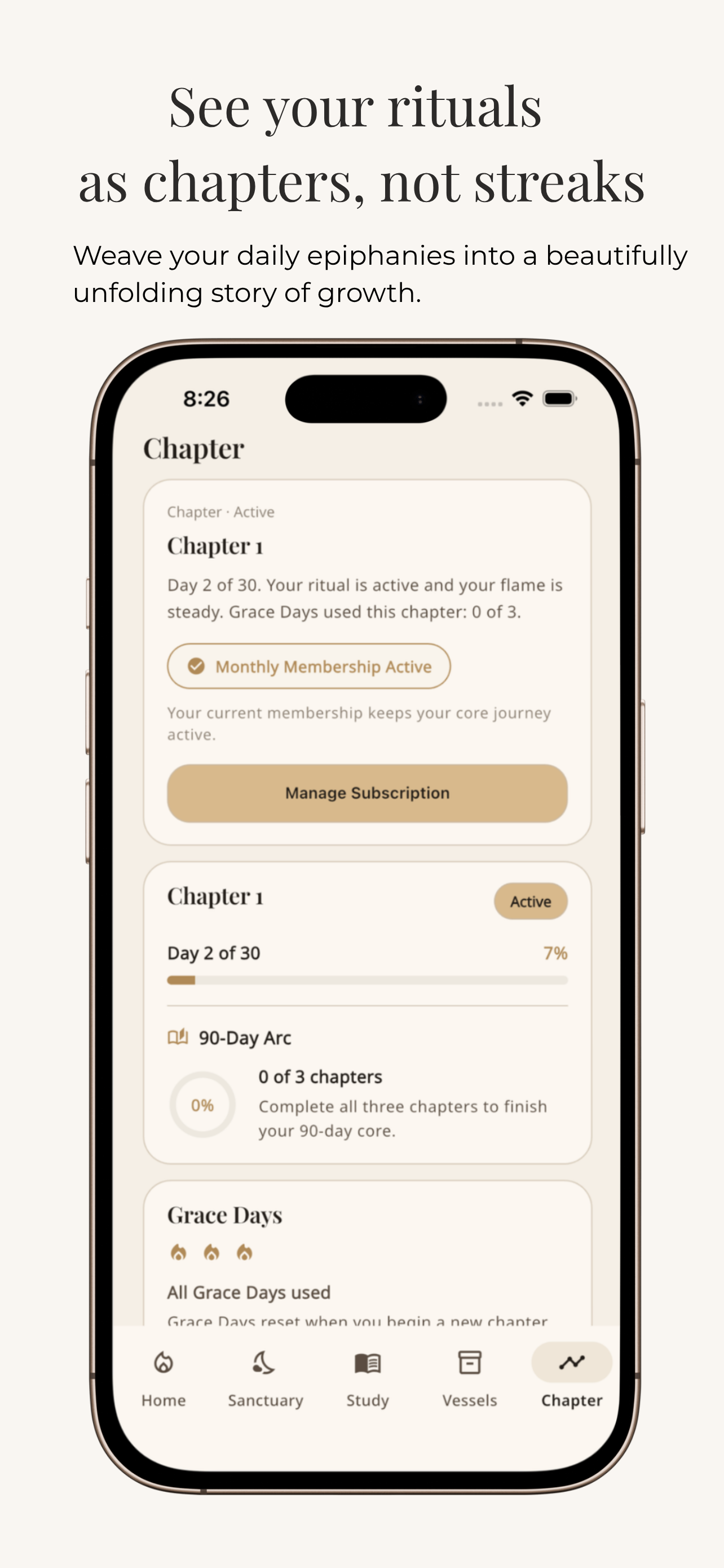 Vestige chapter screen showing narrative based wellness progress